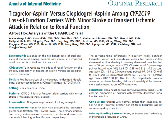 《Annals of Internal Medicine》又大又爽又水的日逼视频肾功能对急性缺血性脑血管病患者不同双抗治疗策略的疗效与安全性影响